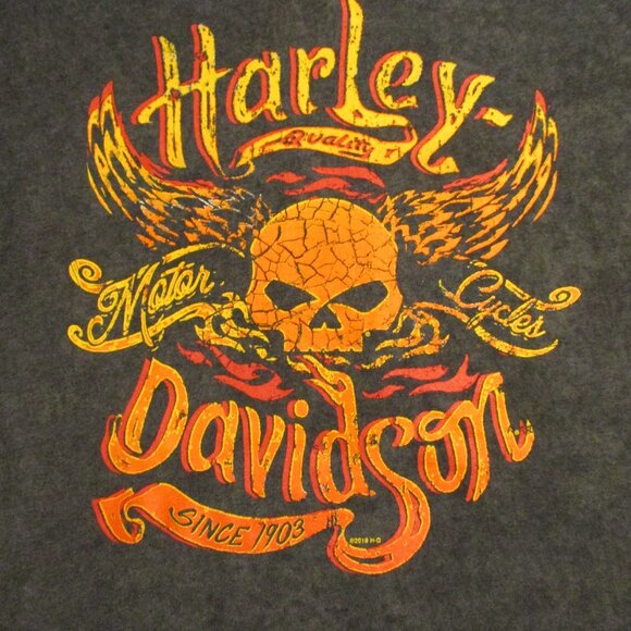 Harley Davidson Woman Large Gray Yellow Orange Graphic Skull Short Sleeve Shirt - Picture 3 of 9